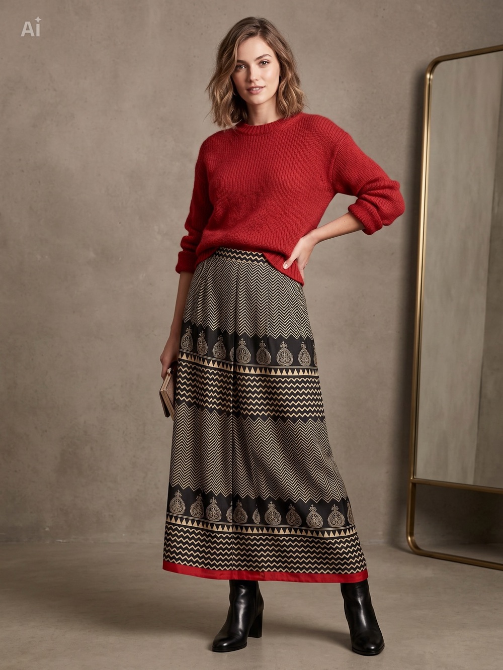 Vintage silk Black and Cream Maxi Skirt with Red Hem - boho festival maximalist
